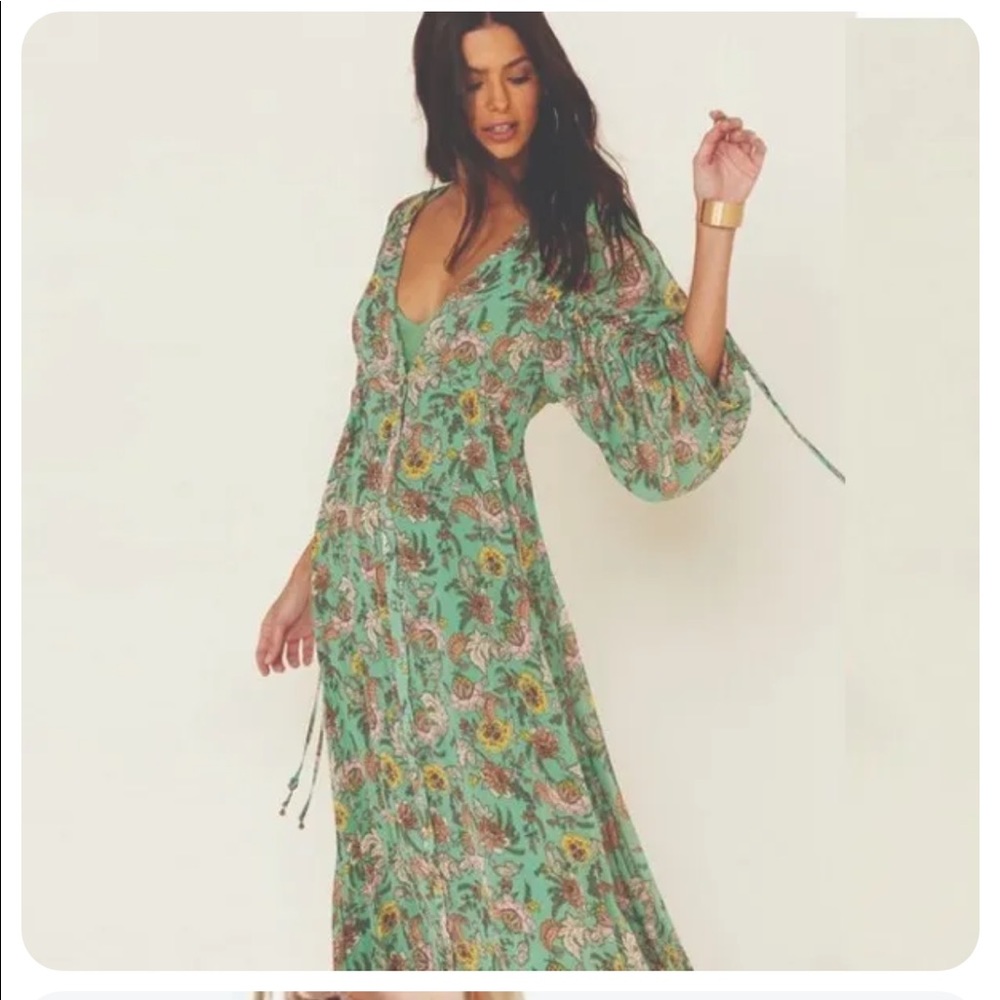 Free People Green Floral Ethereal Flowy Earthfolk Boho Maxi Long Dress XS